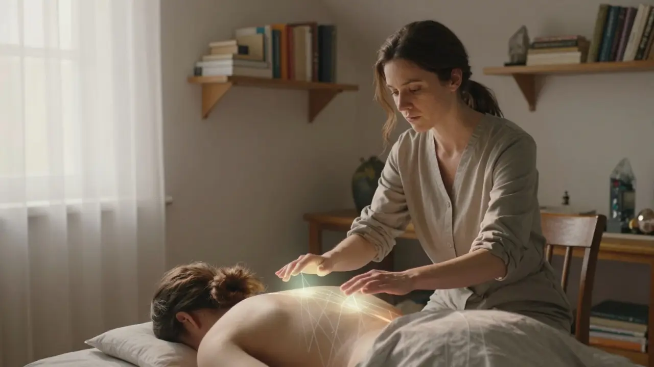 Masérka s rukama nad zády klienta, s jemně zviditelněnou energetickou spojnicí v tichém podkroví.