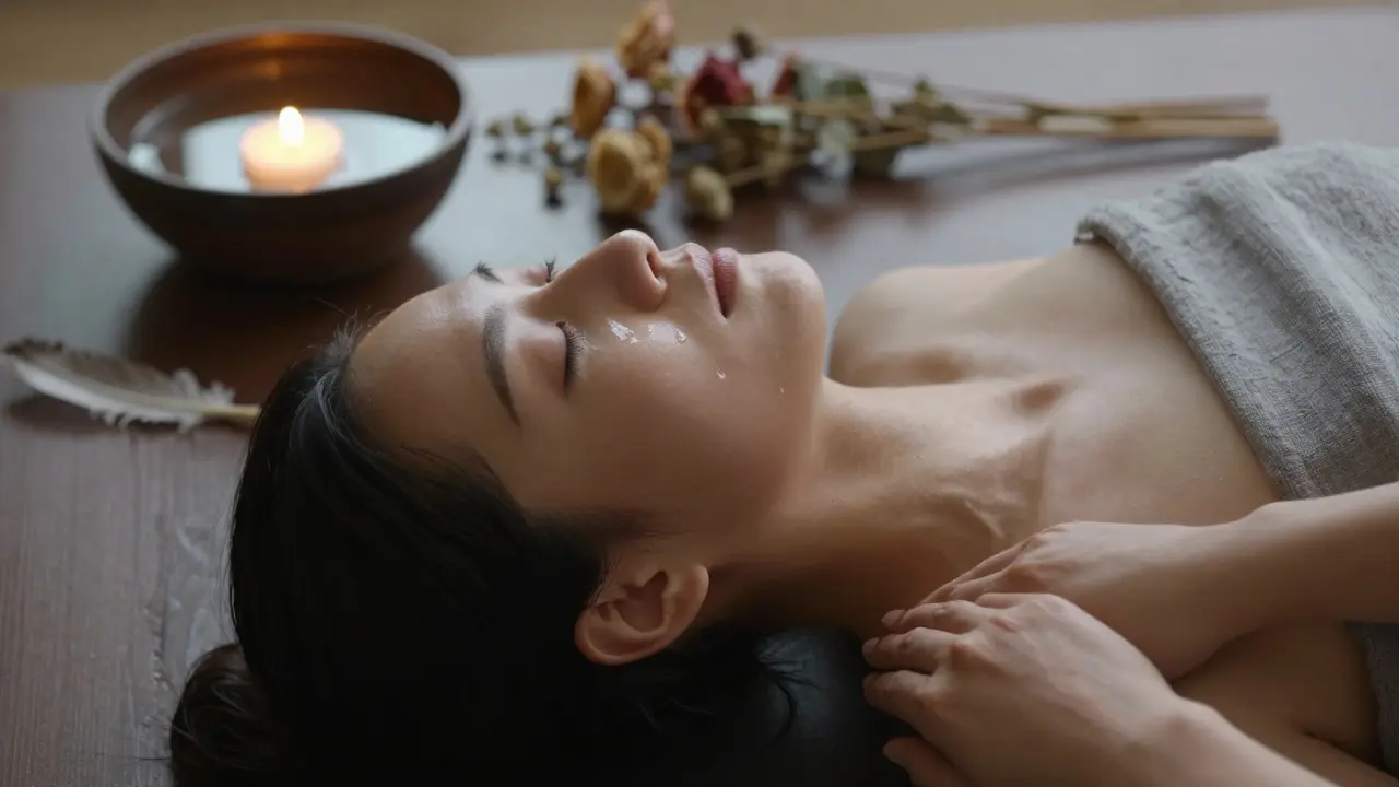 Osoba pláče klidně při hlubokém dýchání, ruka leží na zápěstí terapeuty, kolem ní jsou přírodní prvky.