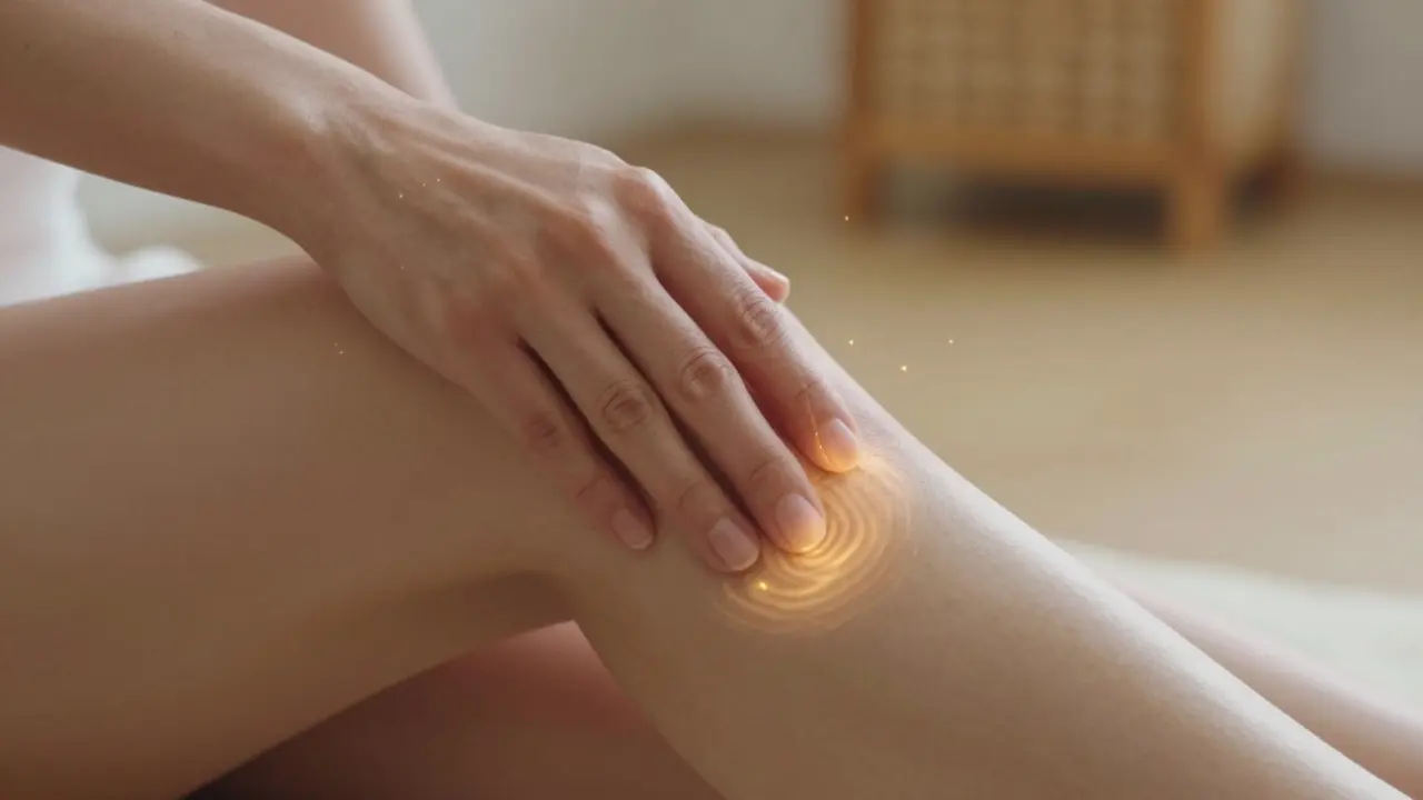 Ruka terapeuty se pohybuje nad vnitřní stranou stehna, bez přímého kontaktu, s jemným zářivým efektem.