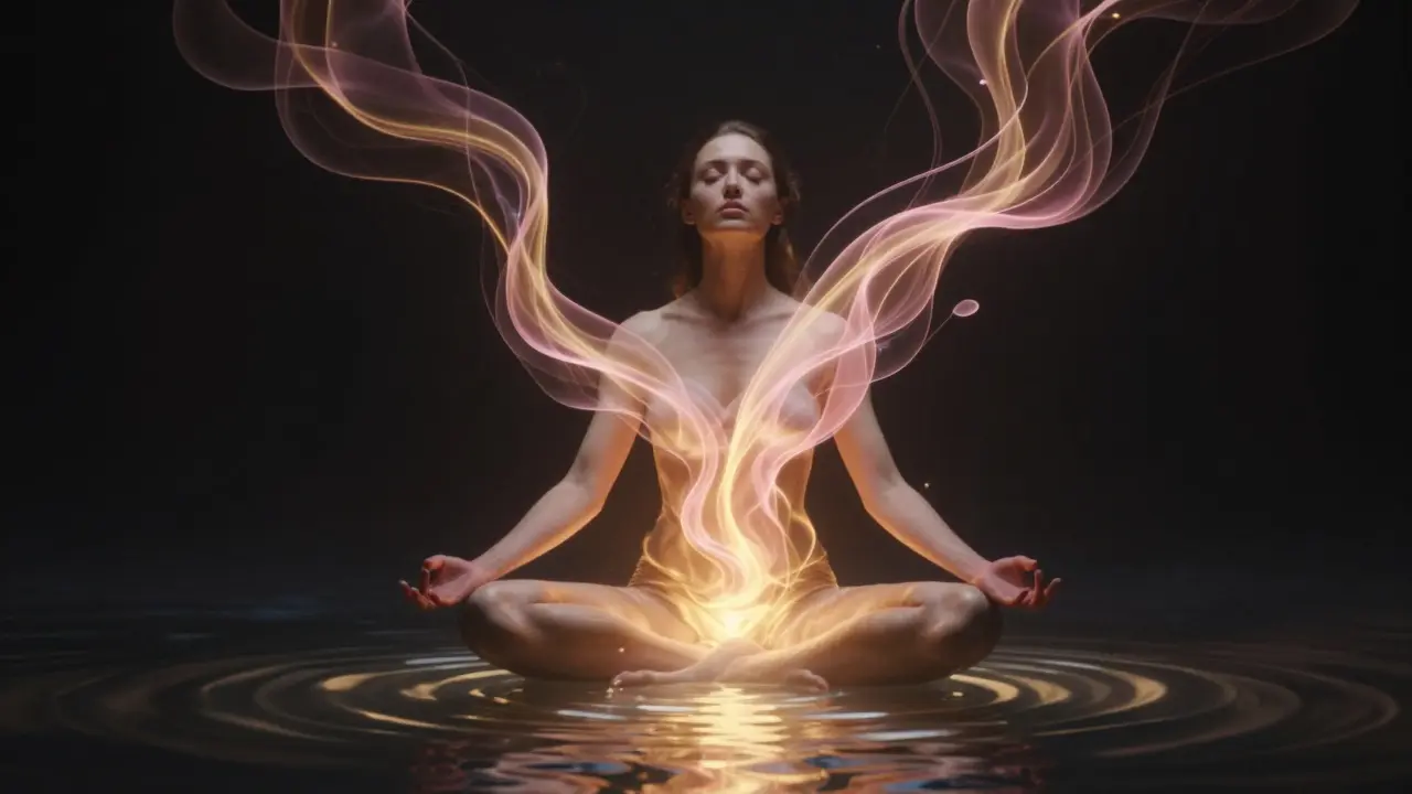 Abstraktní zobrazení ženy s zlatým světlem v oblasti pánve symbolizujícím vnitřní uzdravení.