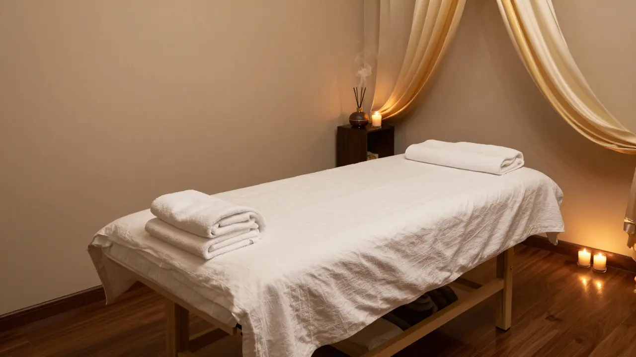 Čistá a harmonicky vybavená relaxační místnost s masážním lůžkem a svíčkami.