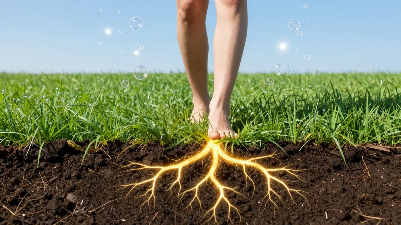 Člověk kráčející bosý po trávě s goldenými energetickými kořeny směřujícími do země.