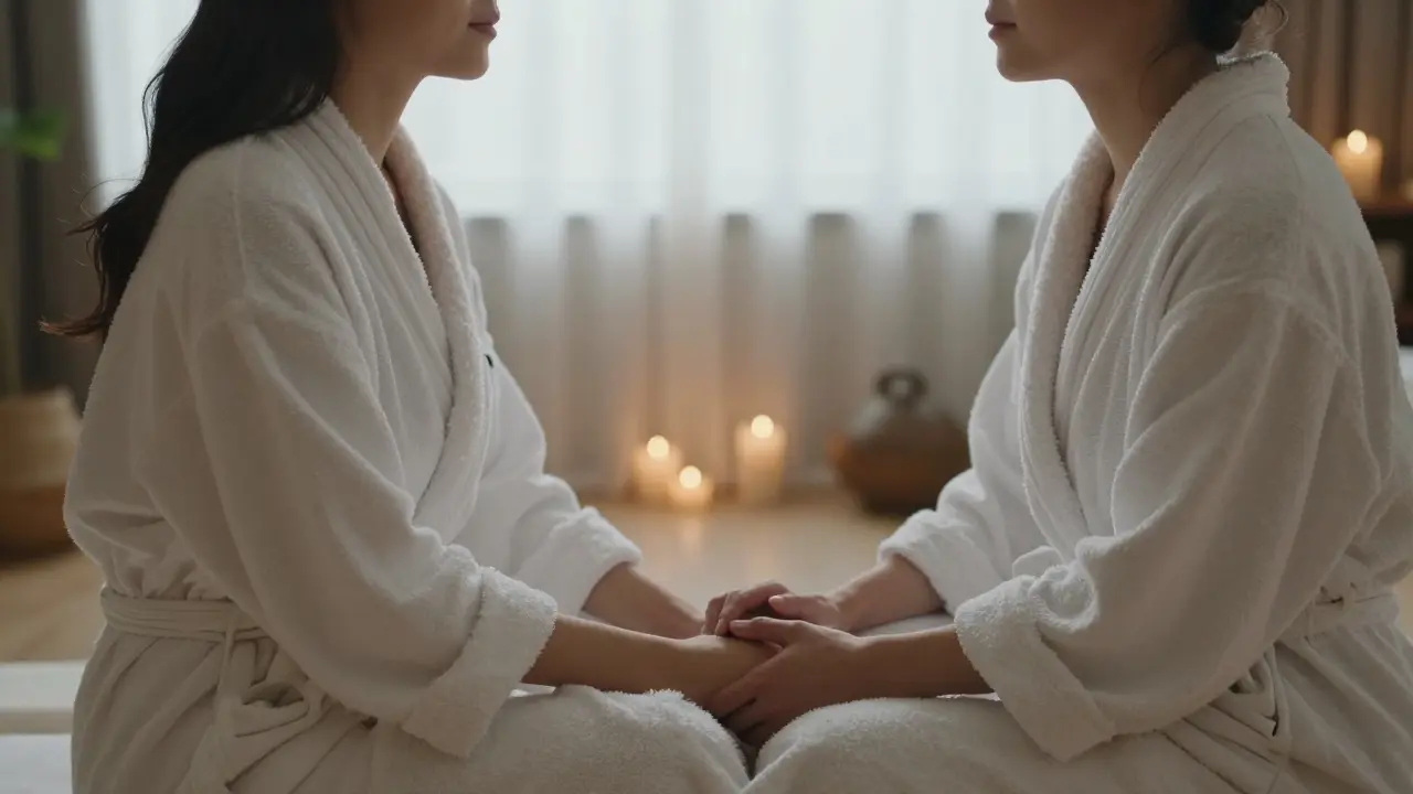 Couple v bílých roušáncích se s důvěrou drží za ruce v klidném wellness prostoru.