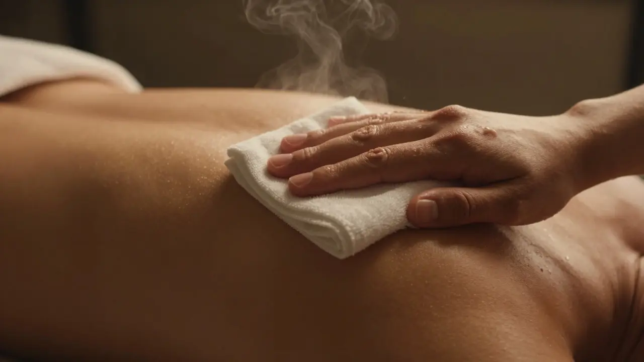 Detail aplikace horké vlhké žínky na rameno pro uvolnění svalového napětí v teplém světle.