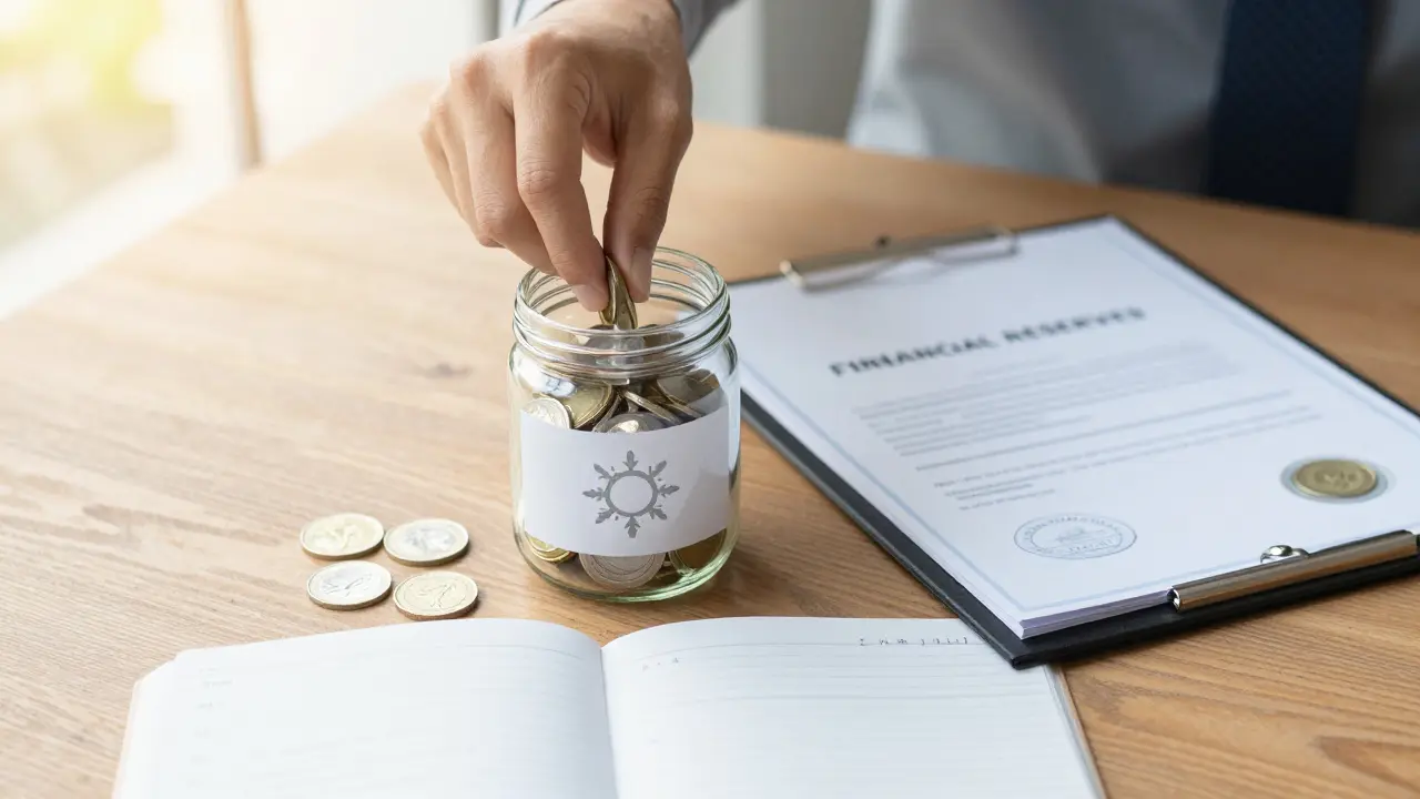 Detail ruky odkládající peníze do sklenice na finanční rezervu vedle certifikátu.