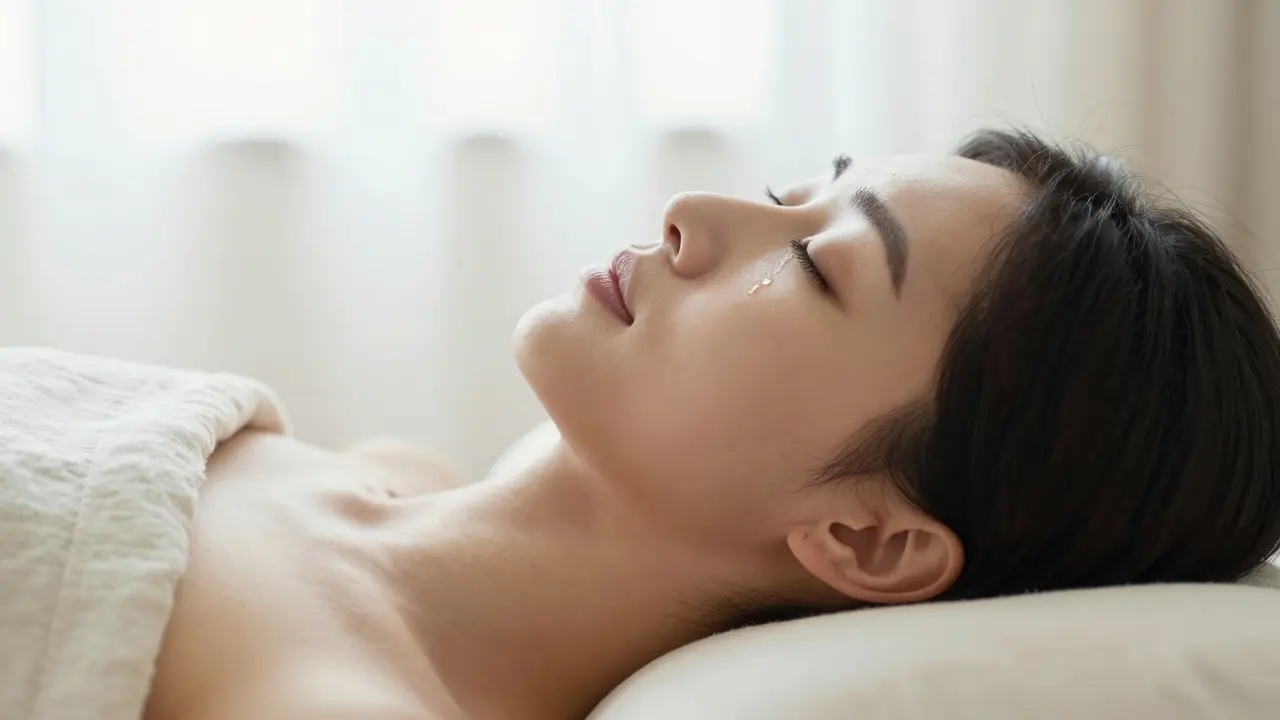 Detailní záběr na vzněcenou tvář člověka v hlubokém klidu s jedinou slzou na tváři.