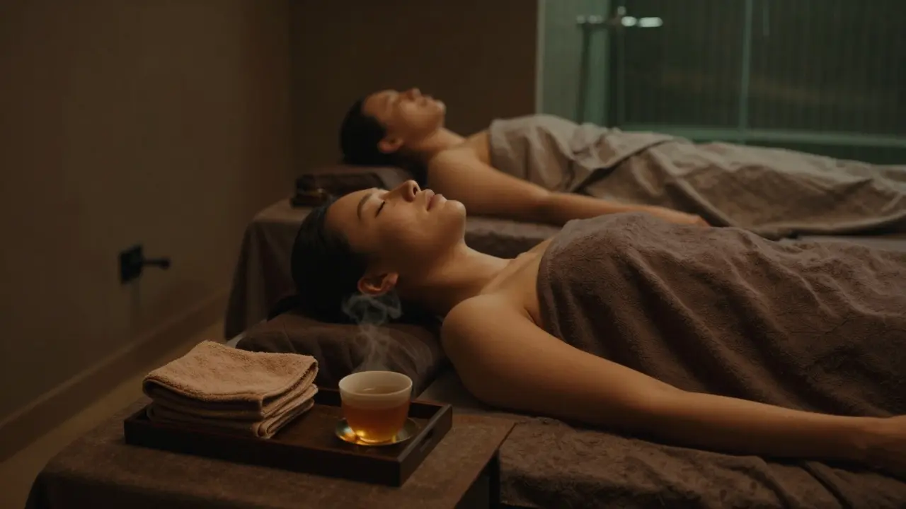 Klidný prostor pro odpočinek s bylinkovým čajem a připravenými horkými žínkami.