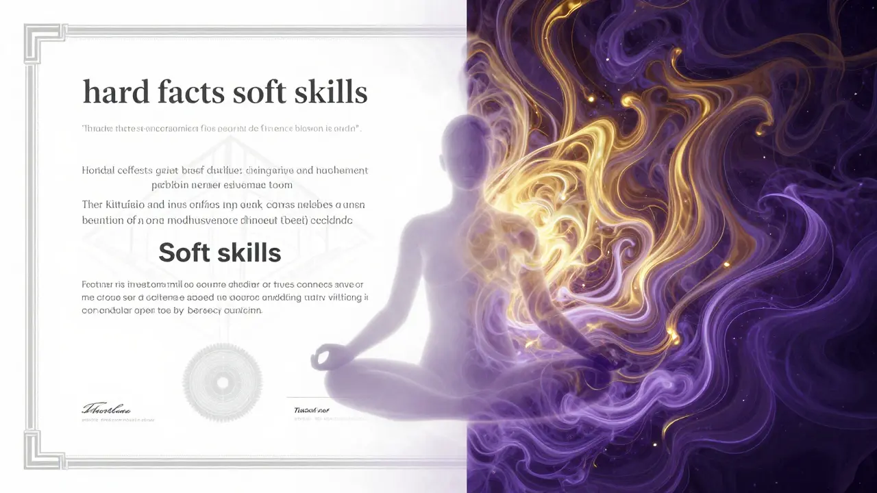 Konceptuální obraz kombinující strukturovanou certifikaci s energetickými spirálami a meditací.