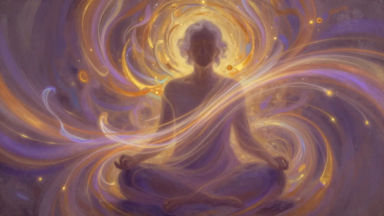  Konceptuální obraz seniora obklopeného léčivými proudy světla.