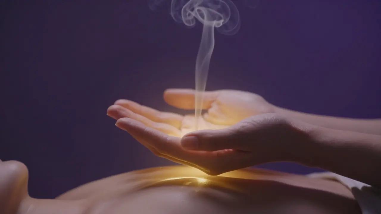 Konceptuální zobrazení energetického toku a jemného dotyku v meditačním prostoru.