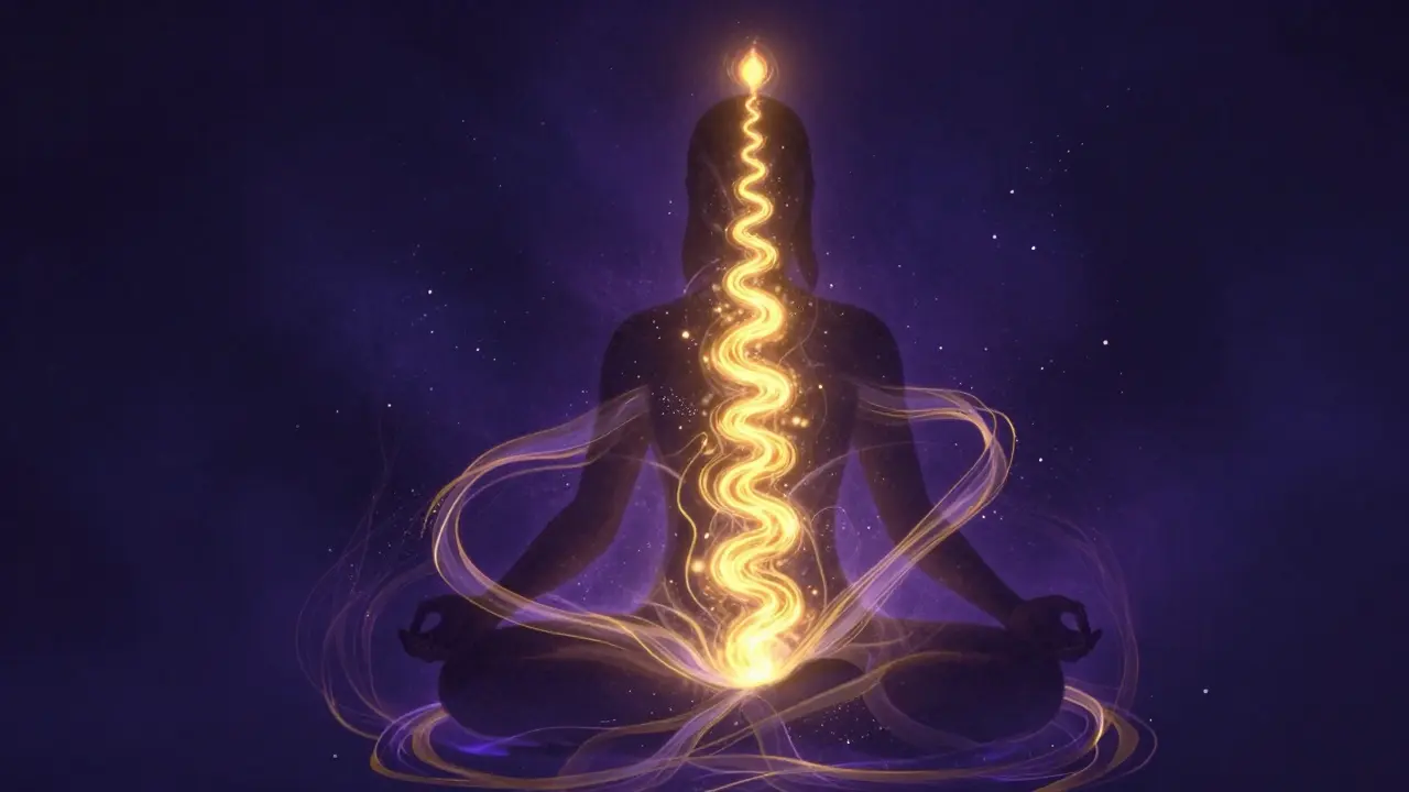 Konceptuální zobrazení zlaté energie kundalini stoupající páteřím nahoru.