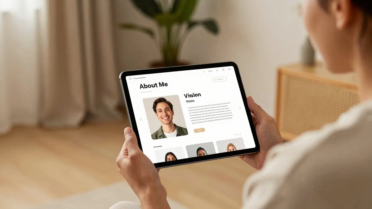 Praktik prezentuje své digitální portfolio klientovi v útulném wellness studiu.