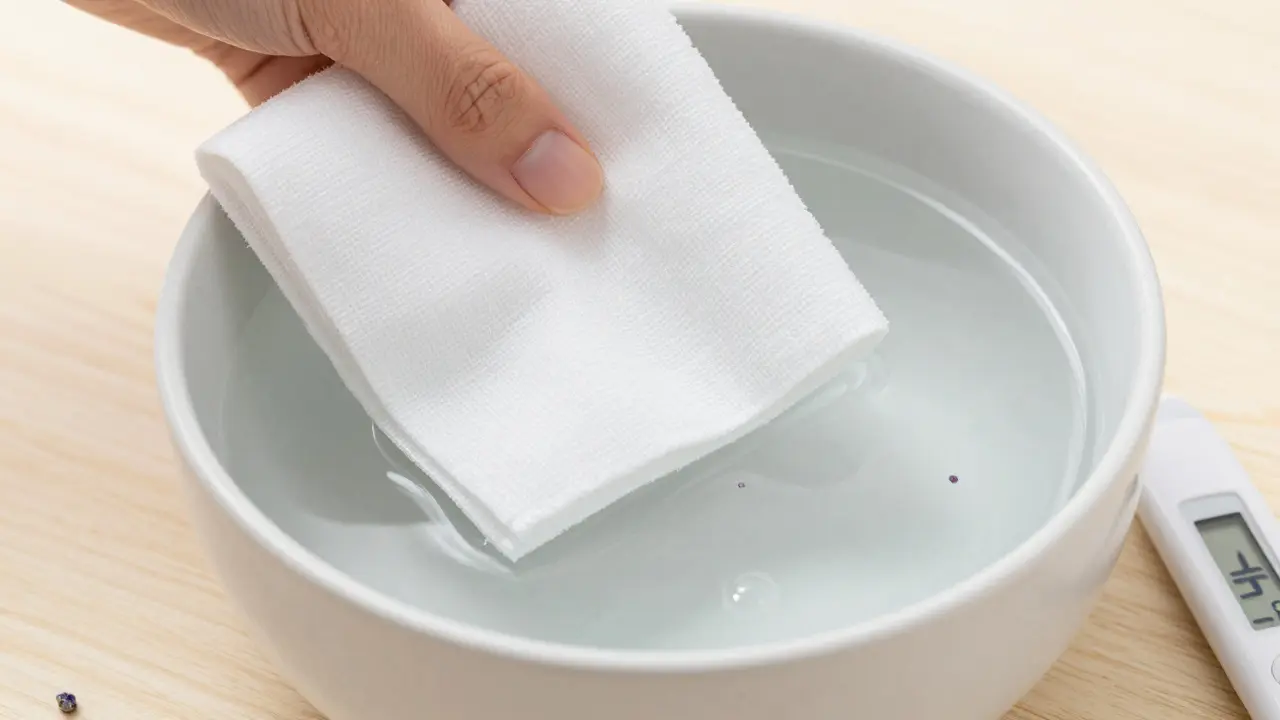 Příprava horké žínky v misce s vodou a teploměrem ukazujícím 45 °C.