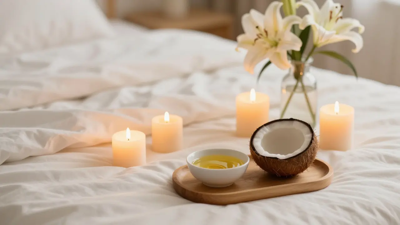 Svatý prostor s plátnem, svíčemi a kokosovým olejem pro relaxaci.