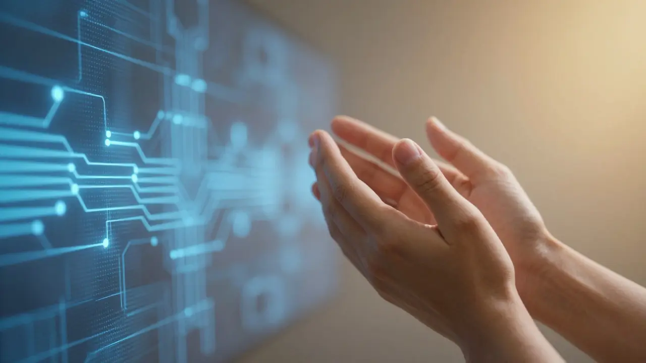 Symbolické spojení lidského doteku a přechodu z digitálního světa k mindfulness.