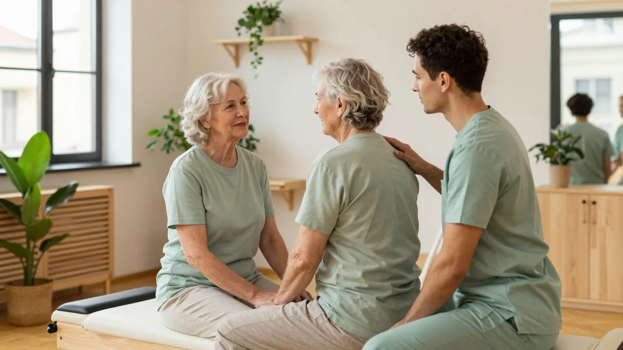 Uklidňující interiér inkluzivního wellness studia pro seniory.