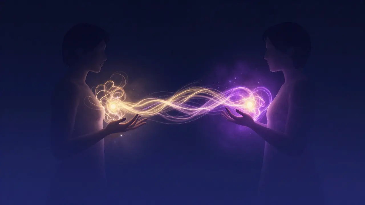 Umělecká ilustrace energetického propojení dvou lidí.