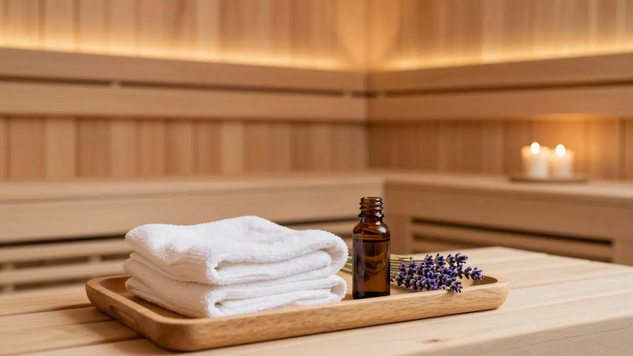 Wellness podnos s horkou žínkou, levandulovým olejem a v pozadí rozostřená dřevěná sauna.