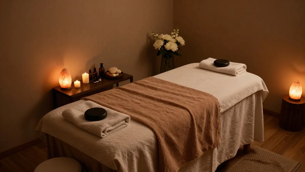 Klidná a intimní atmosféra terapeutické masážní místnosti