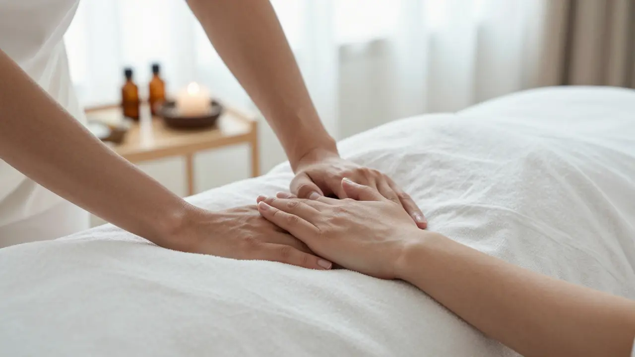 Ruce na masážním stole v klidné terapeutické atmosféře