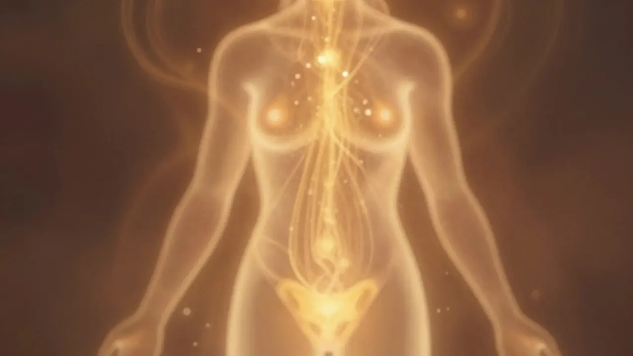 Abstraktní vizualizace toku sexuální energie v těle při tantrě