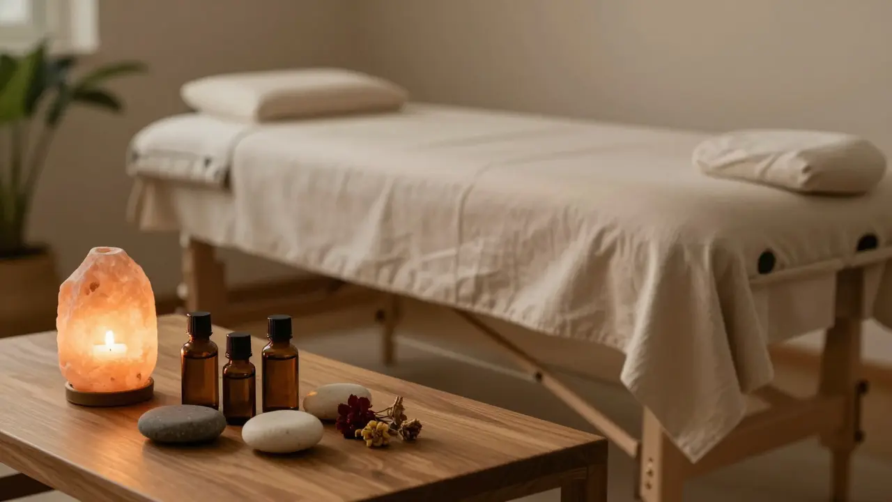 Klidná terapeutická místnost s kamennými prvky a měkkým osvětlením