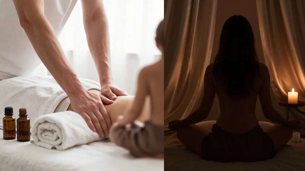 Kontrast mezi klinickou čistotou švédské masáže a intimní atmosférou tantrické praxe