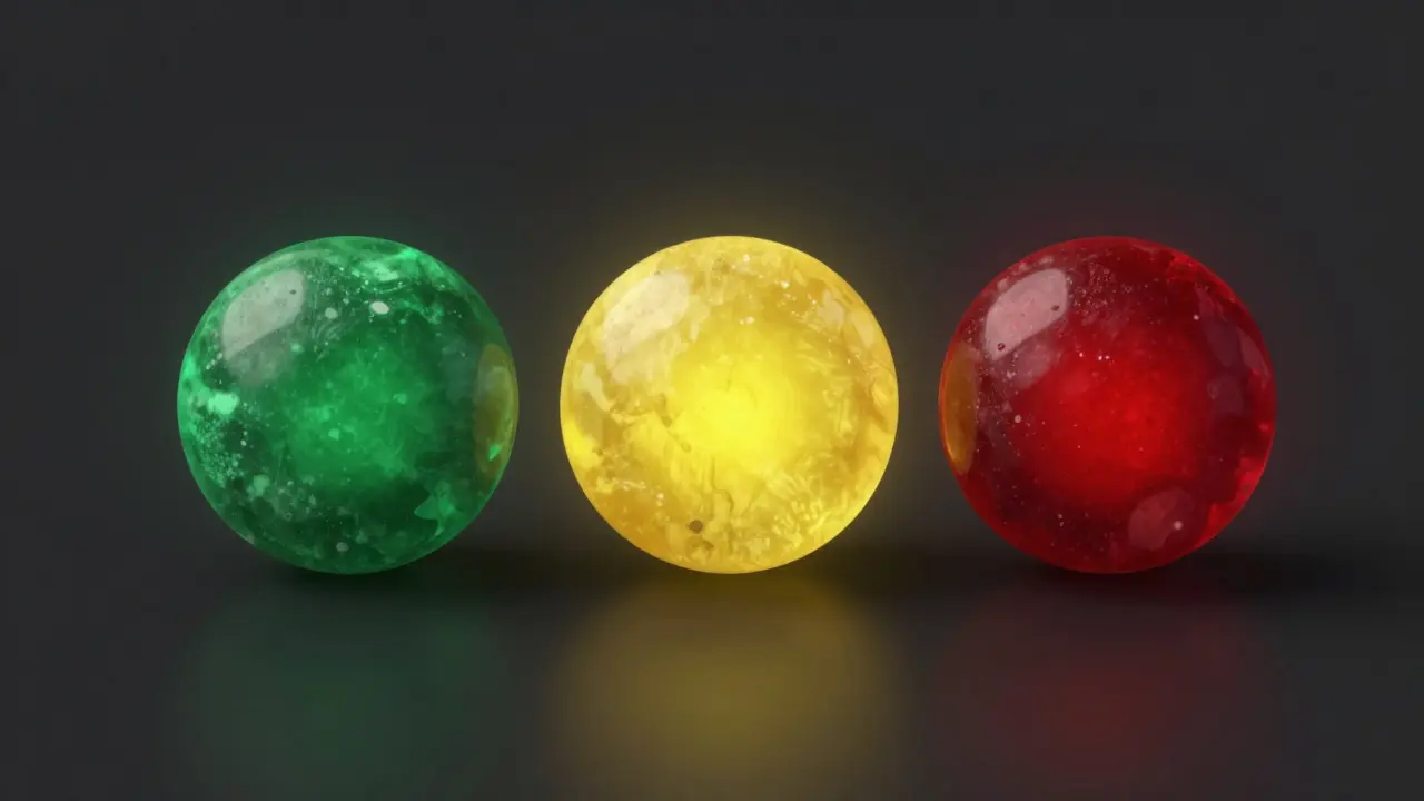 Zelený, žlutý a červený kámen symbolizující komunikační systém