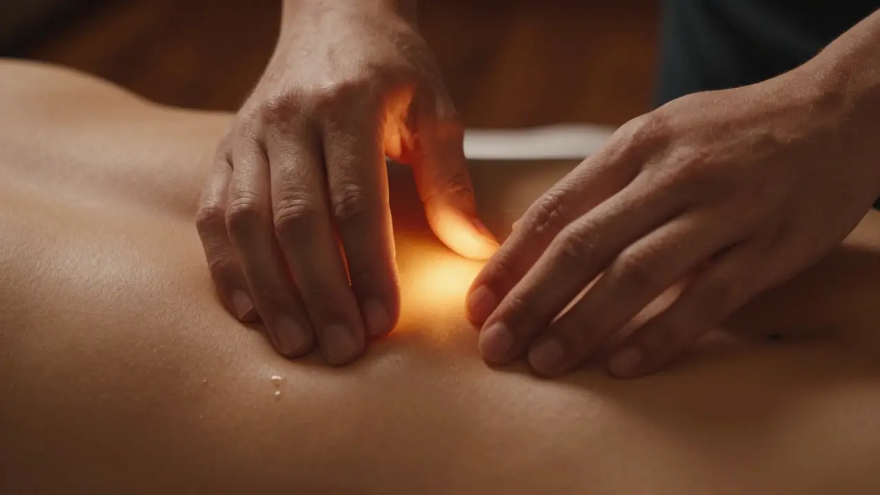 Ruce terapeuta pracující s energií nad bokem klienta bez přímého dotyku