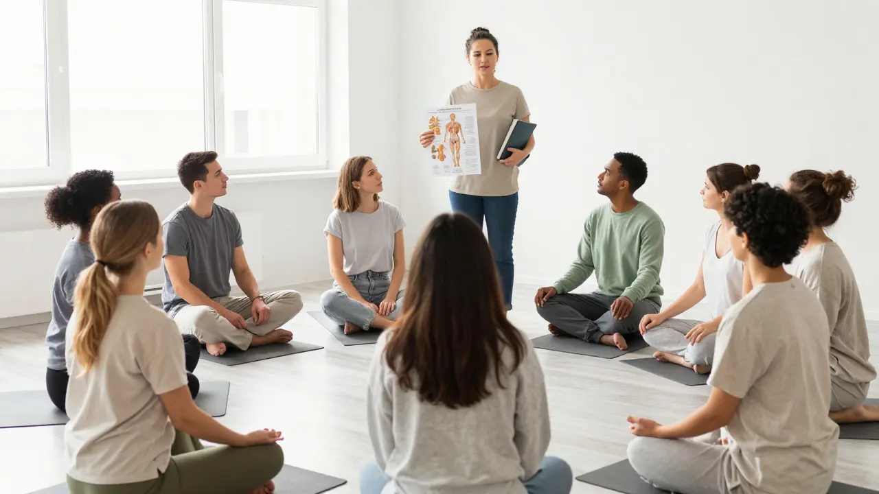 Skupina studentů na odborném kurzu tantrické masáže