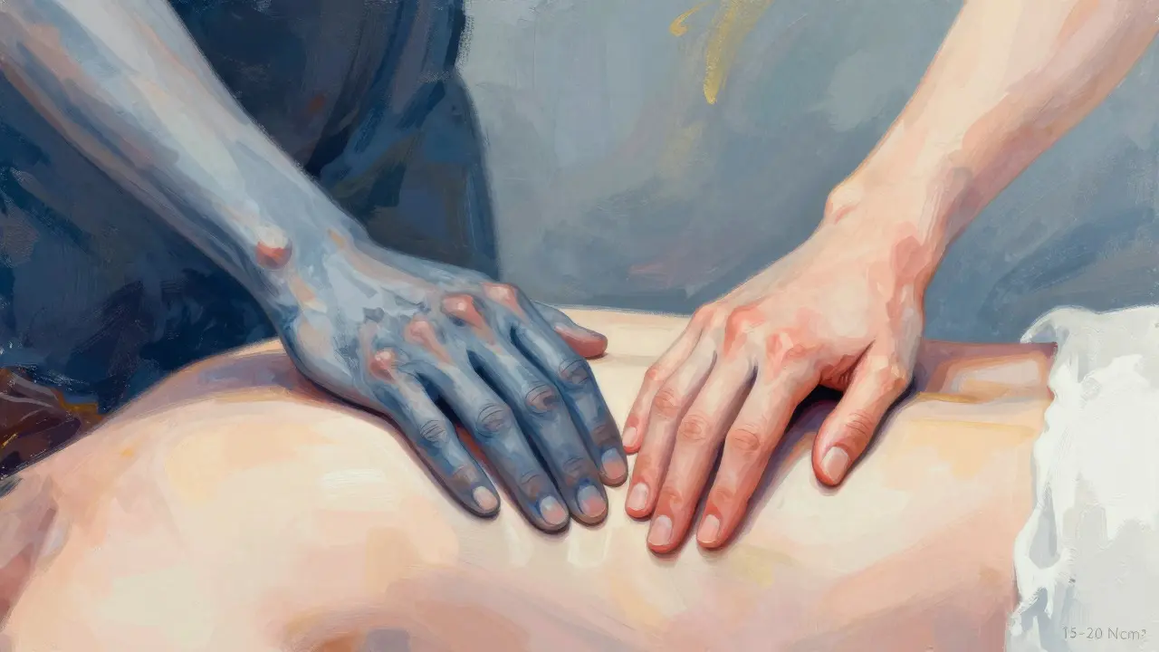 Abstraktní ilustrace jemného doteku proti silnému tlaku na rameni