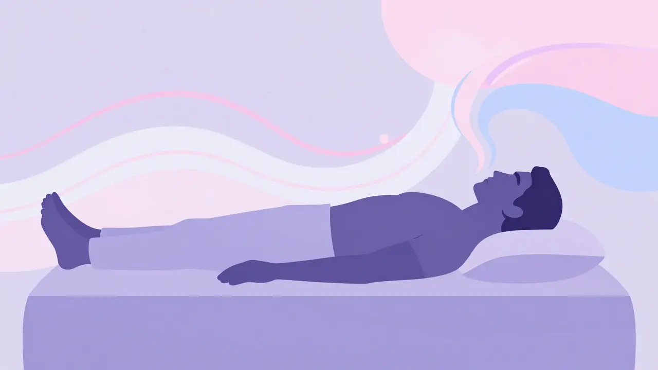 Abstraktní ilustrace muže ležícího na posteli představující uvolnění