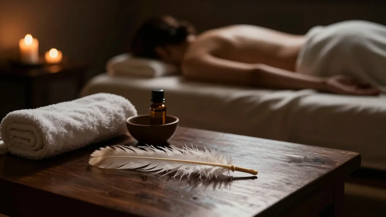 Atmosféra spa s peříčkem připraveným na masáž vedle olejů