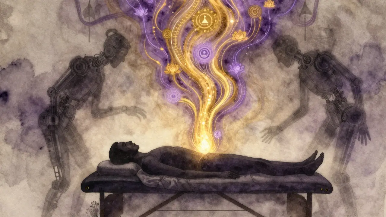 Ilustrace toku energie a duchovního uvolnění během tantrické masáže