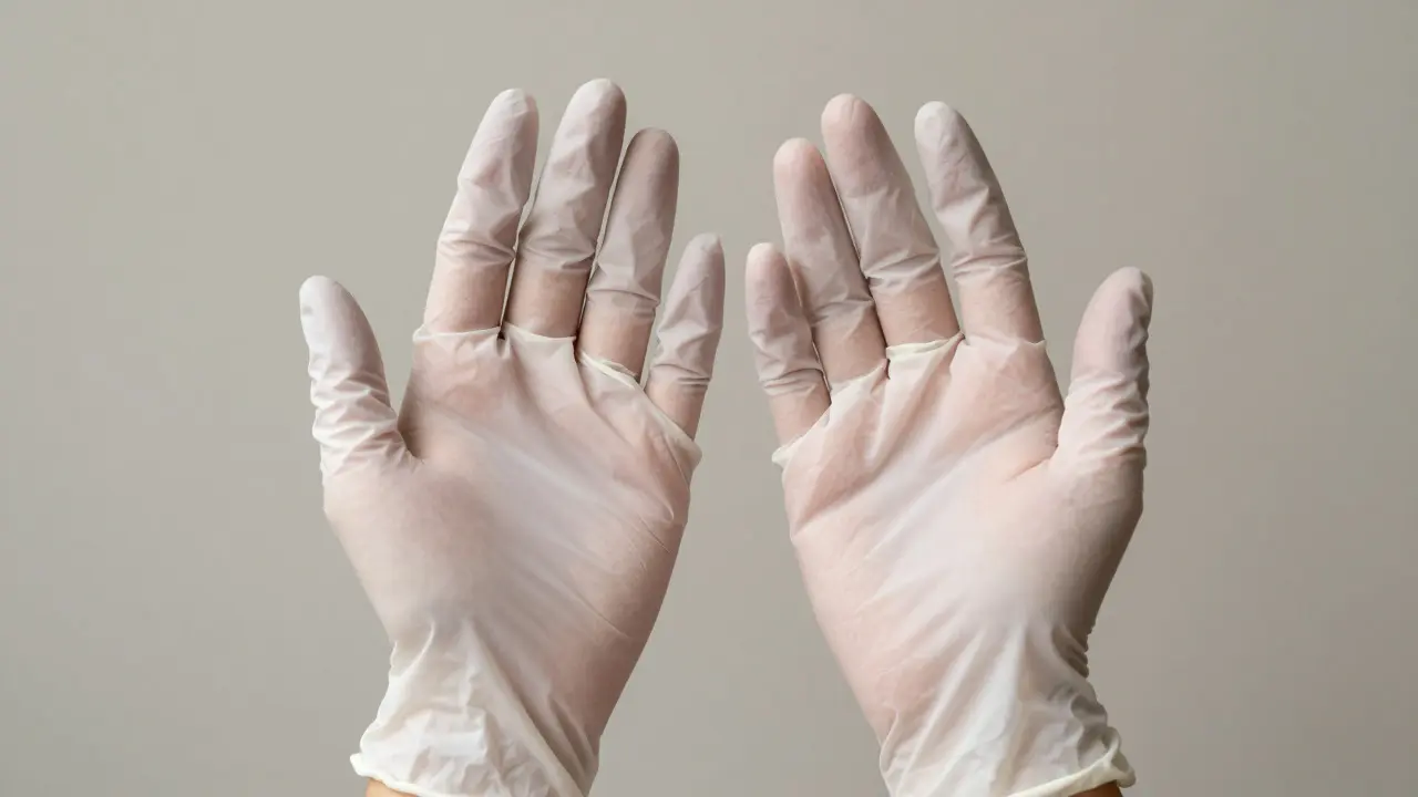 Ruce v jednorázových rukavicích symbolizující hygienu a bezpečnost