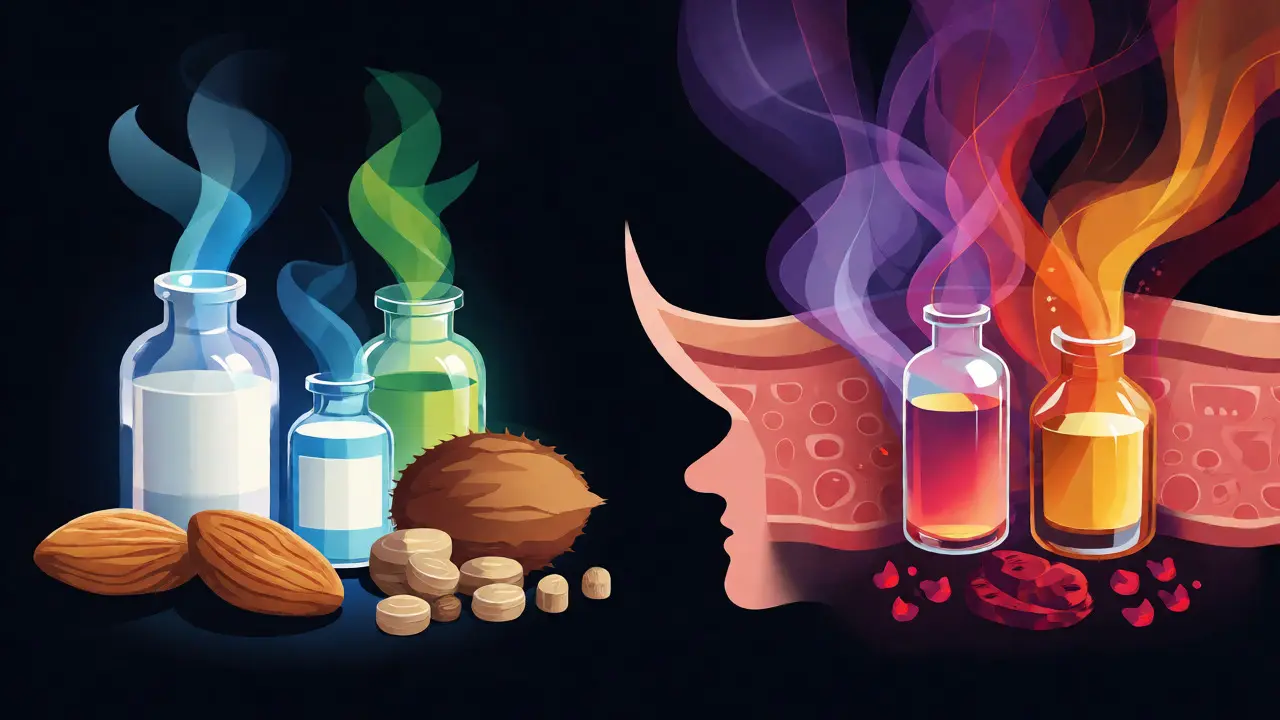 Ilustrace srovnání čistých olejů a komplexních směsí na kůži