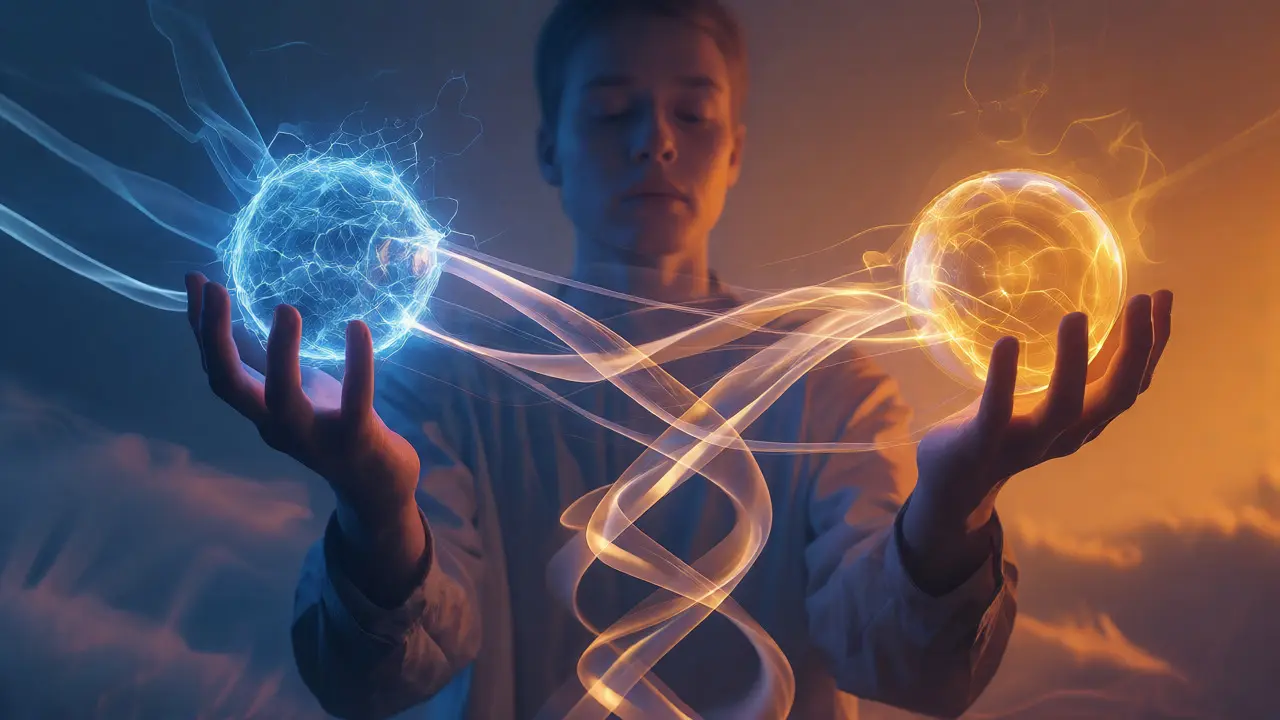 Abstraktní zobrazení rovnováhy mezi elektrickou energií pudu a zlatou harmonií ducha
