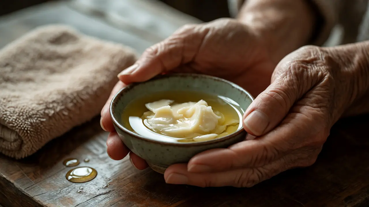 Close-up of hands preparing warm almond oil and towels for a senior massage session.