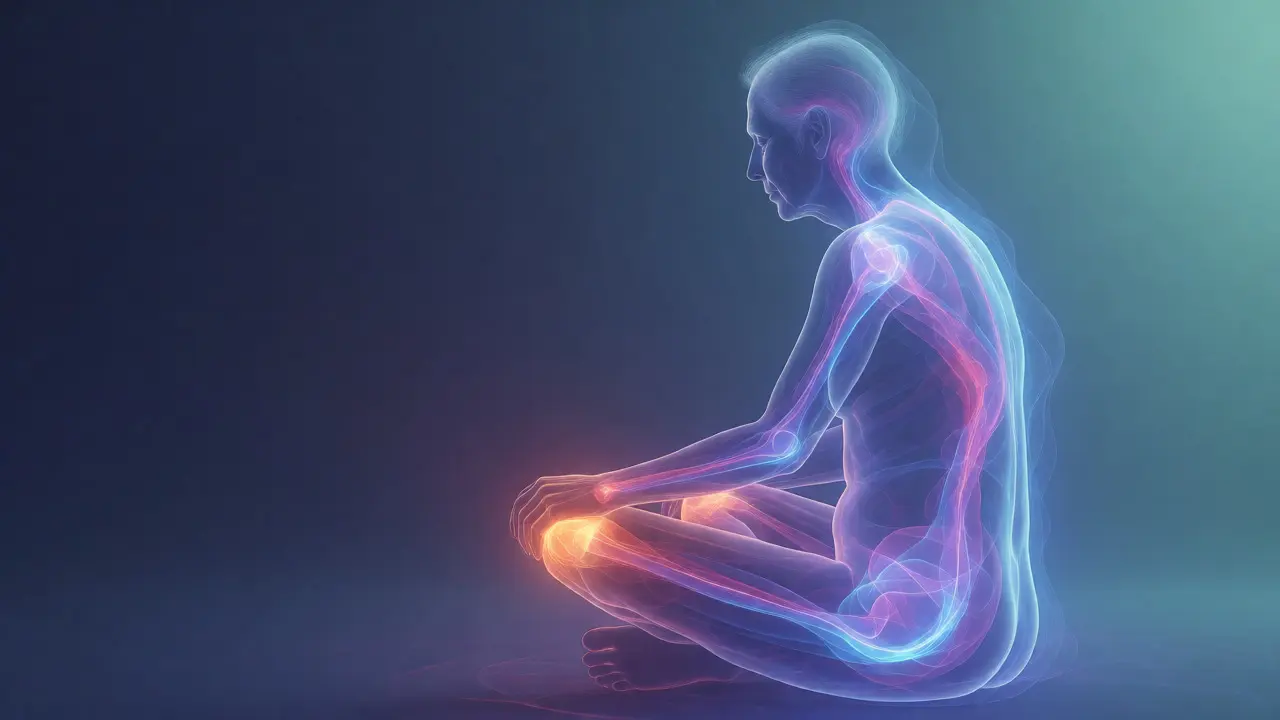 Conceptual visualization of energy flow and healing in an aging body during meditation.