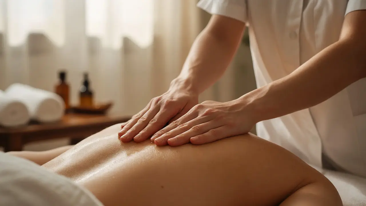Detail rukou terapeuta při tantrické masáži s důrazem na péči a profesionalitu
